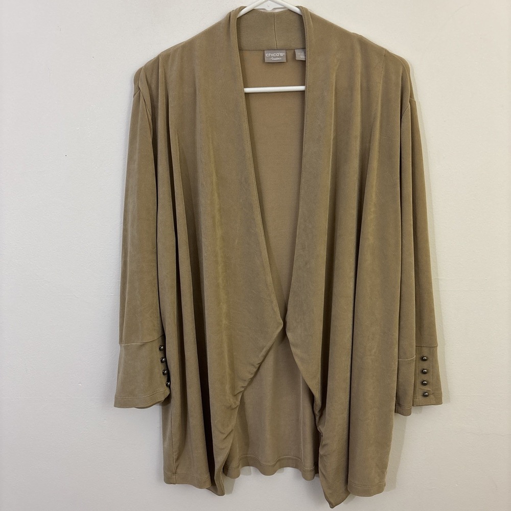 Chicos Travelers 2 (12/14) Tan Open Front Popover Long Sleeve Top Non Wrinkle